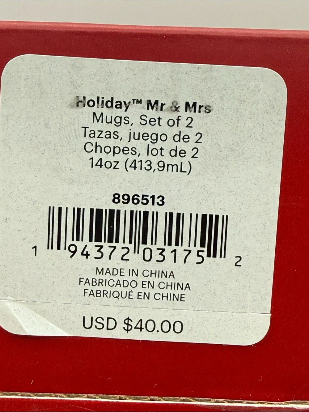 Lenox Holiday Mr & Mrs Christmas Mugs Set of 2 Mittens Red Green- 14 oz With Box